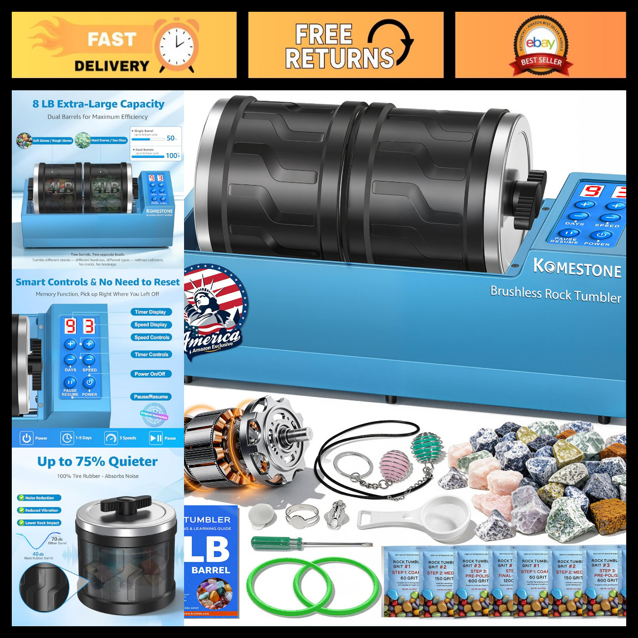 Dual-Barrel Rock Tumbler Kit 8LB - Professional Jewelry Polisher & Hobby Tool