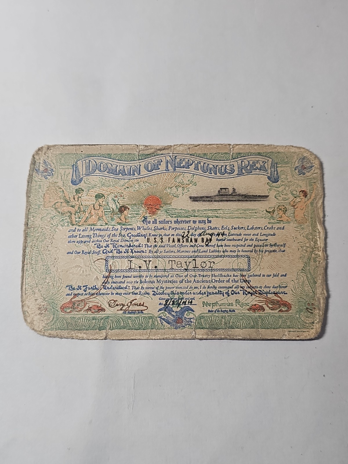 vtg 1944 Navy Domain Neptune Rex U.S.S. Fanshaw Bay 