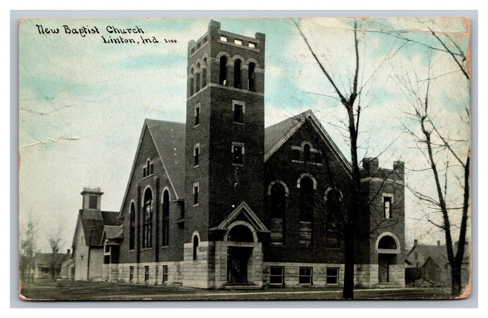 Linton, IN Indiana, New Baptist Church Vintage Divided Back Postcard Posted 1919
