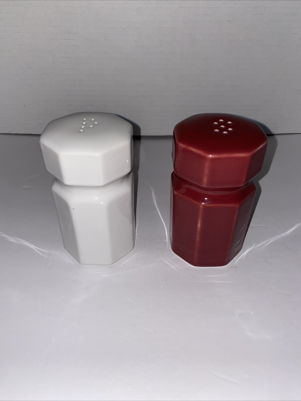 Vintage Hall White And Burgundy Salt & Pepper Shakers Octagon 2965-2966 Good Con