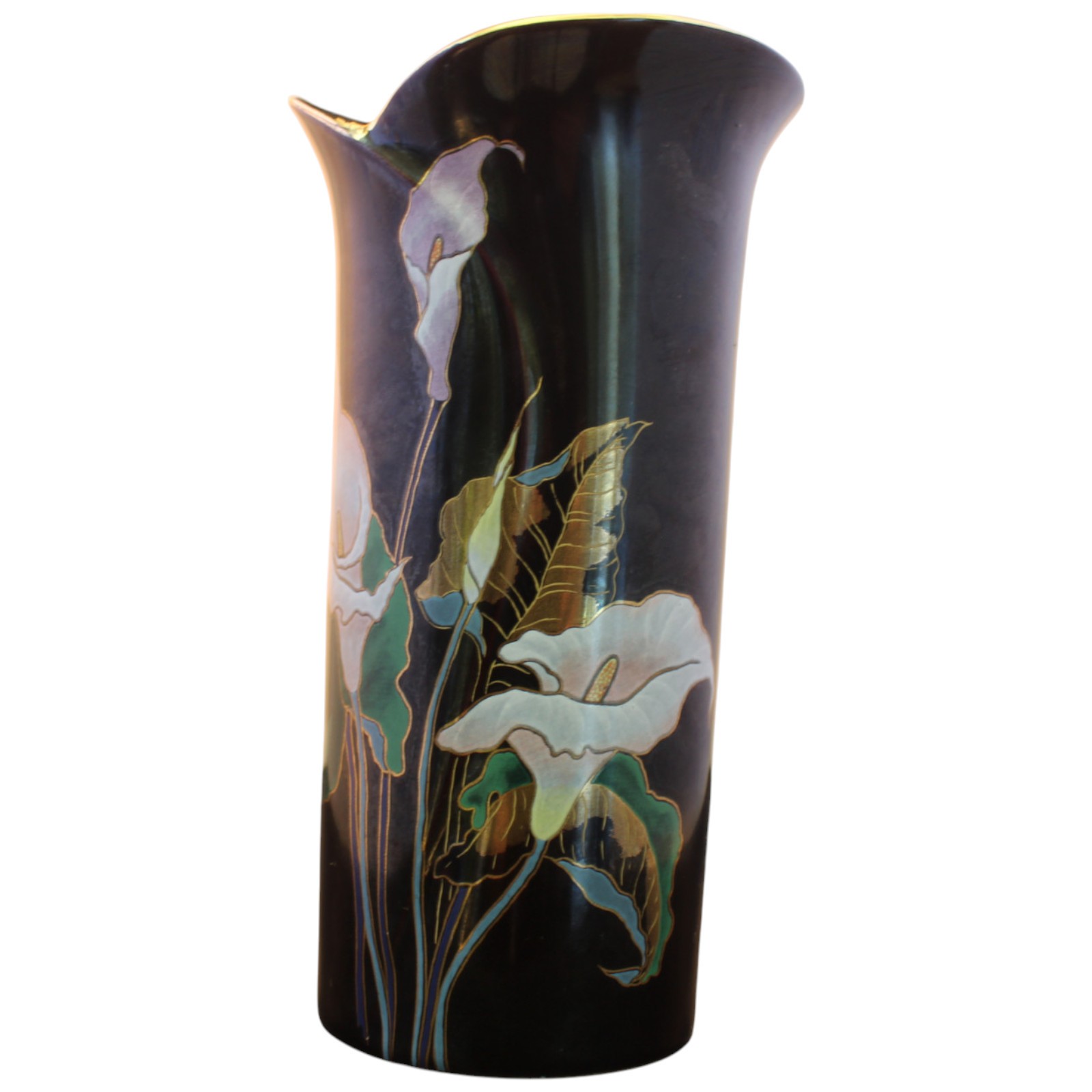 Vintage Yamaji Japan Black Porcelain Vase Calla Lily Floral Gold Trim 7.25” Vintage Yamaji Japan Black Porcelain Vase Calla Lily Floral Gold Trim 7.25”