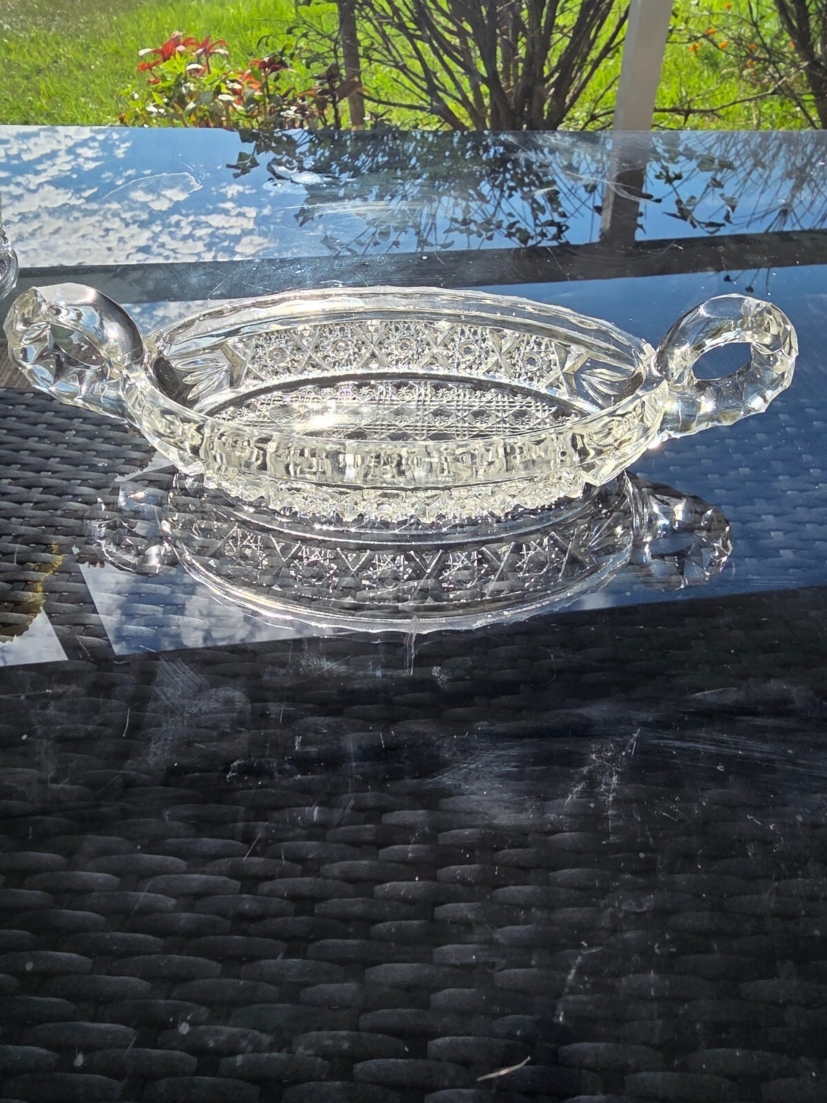 Vintage indiana glass Serving Dish with Handles and Intricate Pattern
