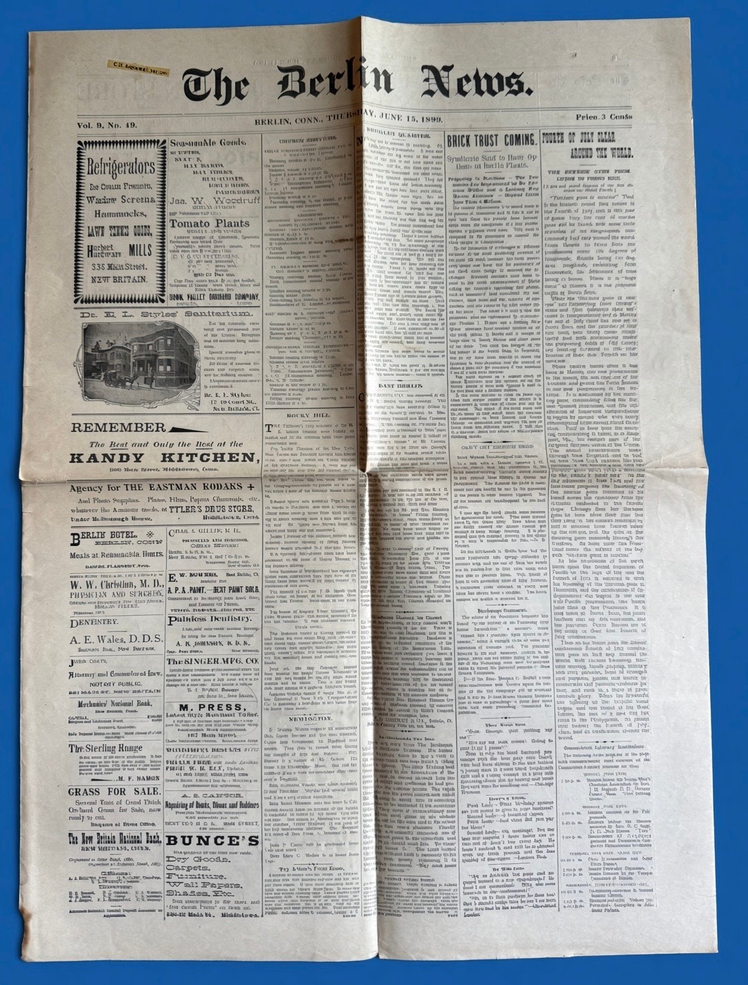 1899 The Berlin News Newspaper Berlin Connecticut June 15 Hires Root Beer Ads
