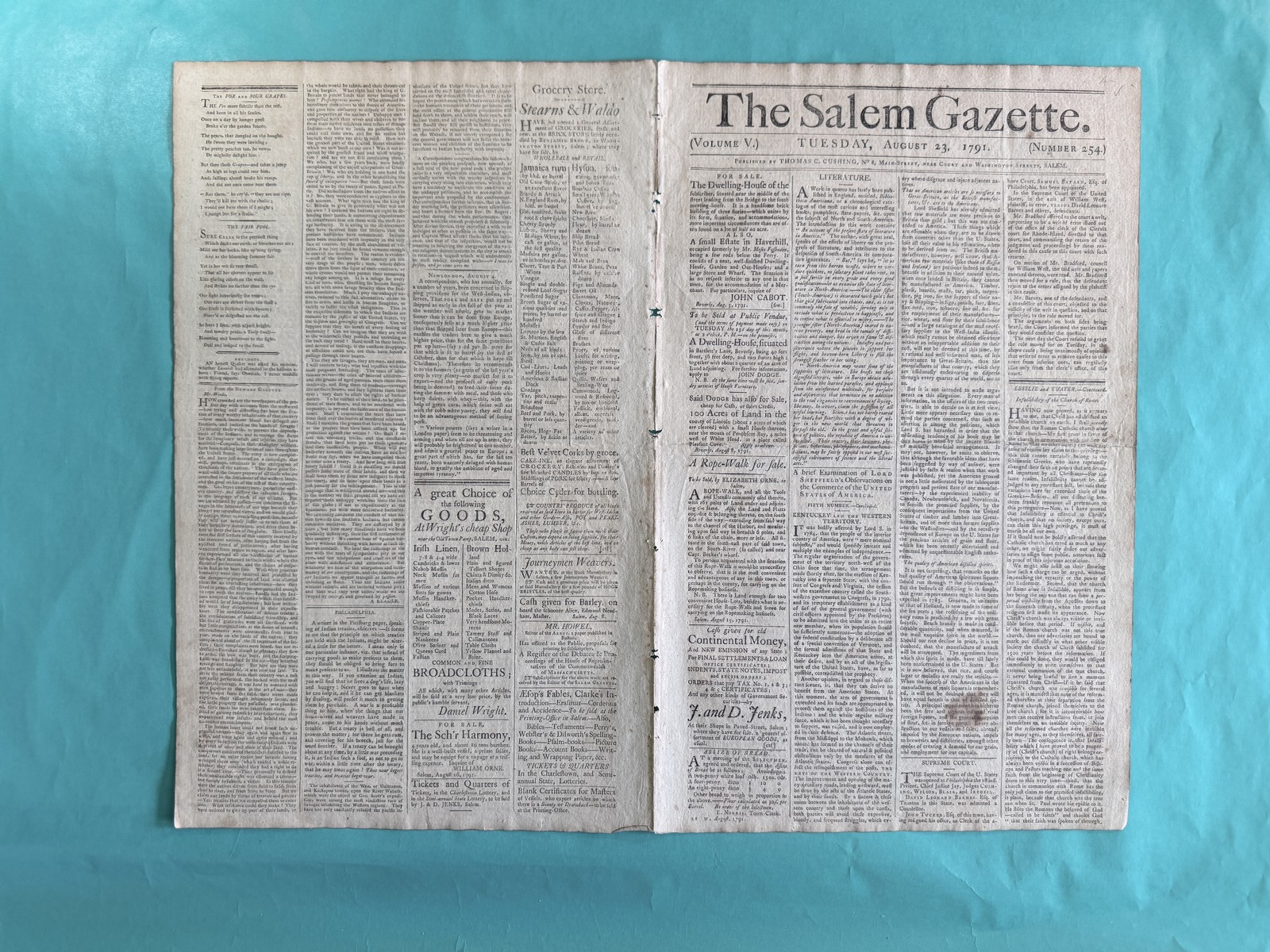 1791 Salem Gazette Aug 23  Supreme Court West v. Barnes JOHN CABOT HSE FOR SALE