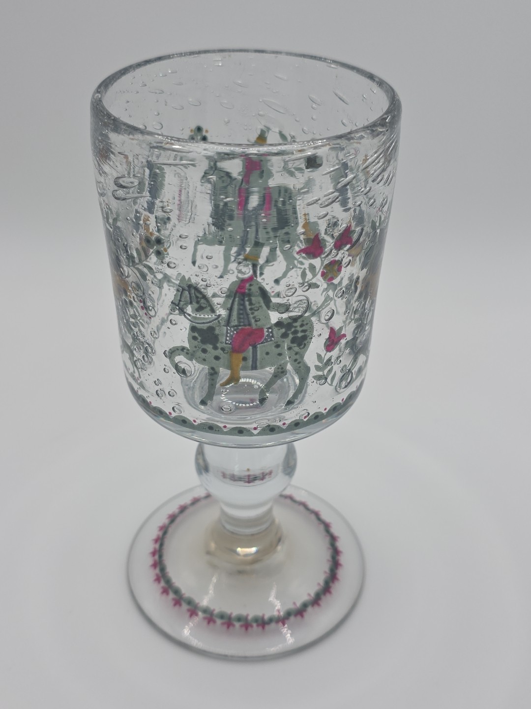 Vtg Alfred Taube Clear Bubble Glass Goblet Made In West Germany Floral Horseman