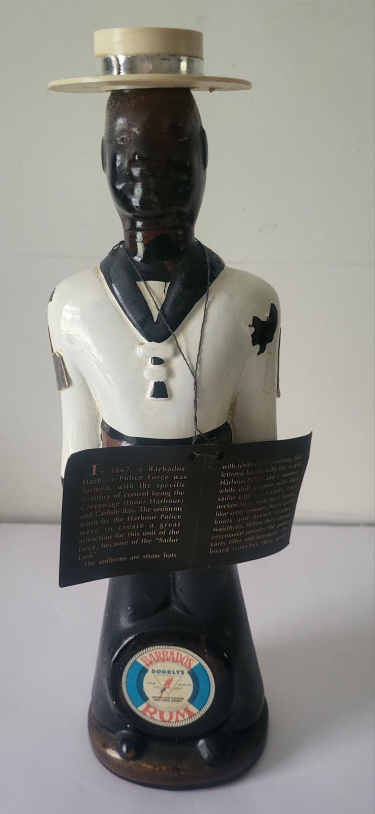 Vintage Doorlys Barbados Rum Harbour Police Decanter Figural Bottle Straw Hat