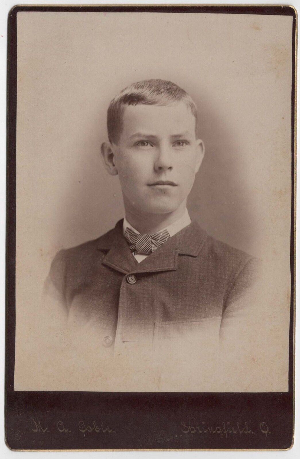 C. 1880s CABINET CARD M.A. GOBLE HANDSOME TEENAGE BOY IN SUIT SPRINGIFLED OHIO