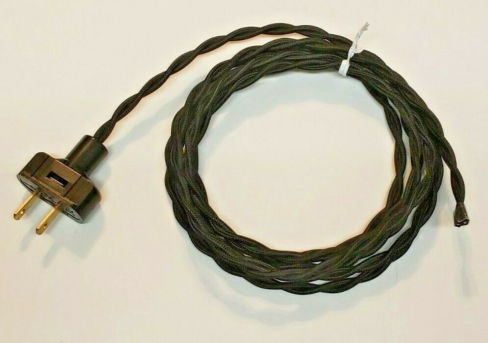 8\' Black Rayon Twisted Covered Wire & Plug, Vintage Style Lamp Cord, 405J 8\' Black Rayon Twisted Covered Wire & Plug, Vintage Style Lamp Cord, 405J