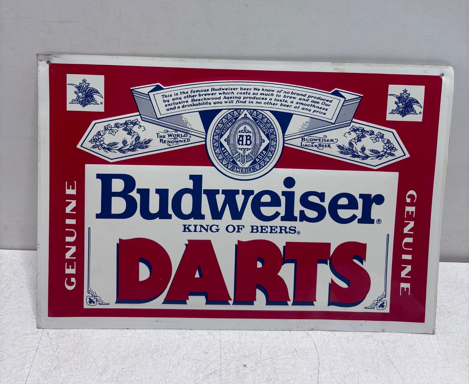 Vintage Budweiser Genuine Darts Embossed Metal Sign King of Beers Bar Man Cave