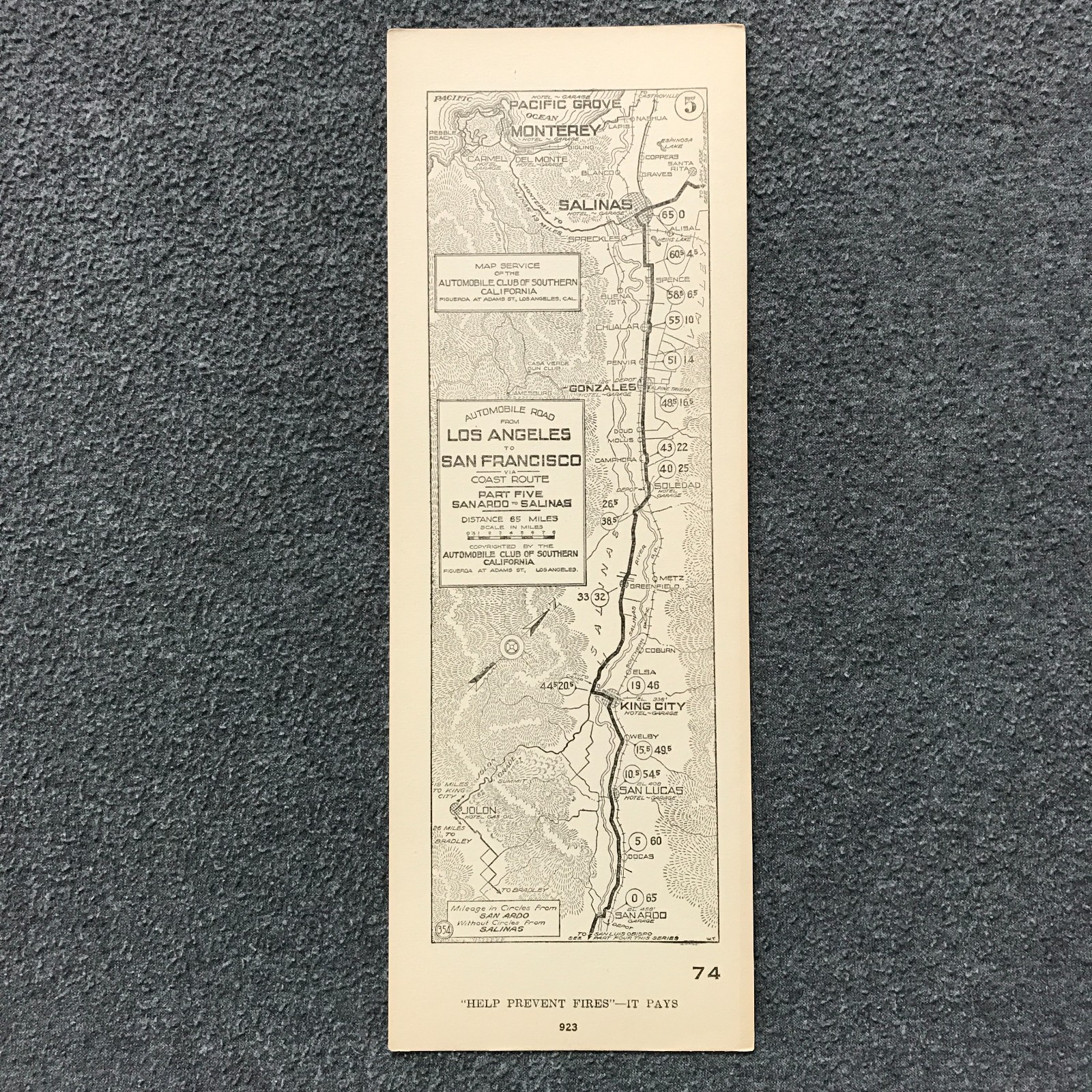 1923s Auto Club AAA California Map Los Angeles to San Francisco San Ardo Salinas