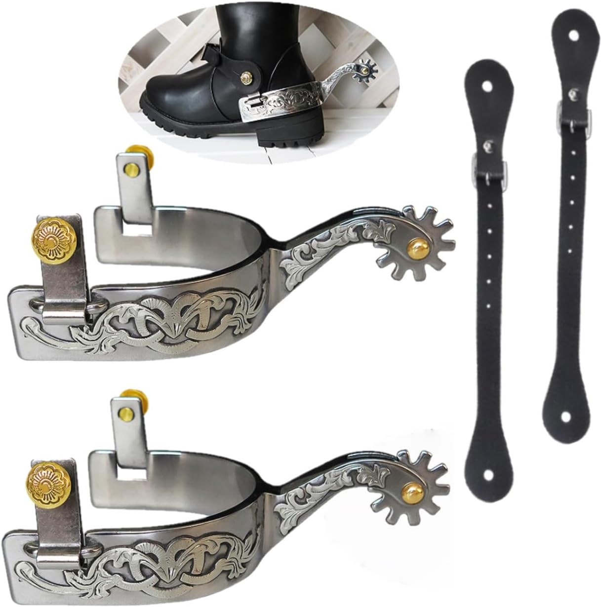 Western Cowboy Stainless Spurs, Paired with Cowhide Holes Spurs Belt, Spurs Germ