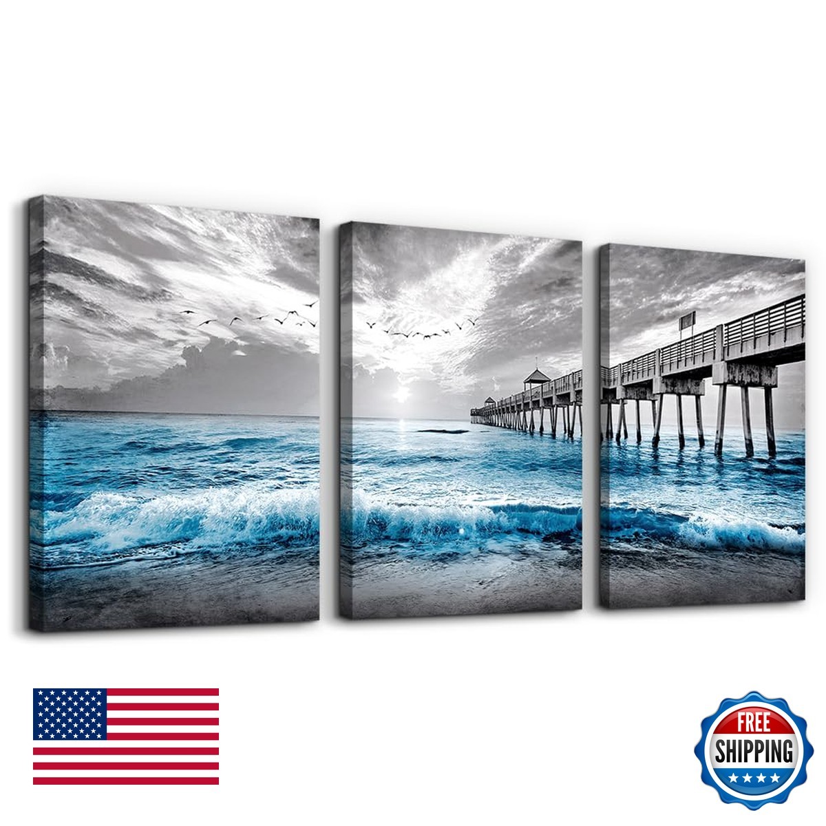 DZRWUBHS 3 Piece Framed Canvas Art Blue Ocean Sea Wave Wall Decor