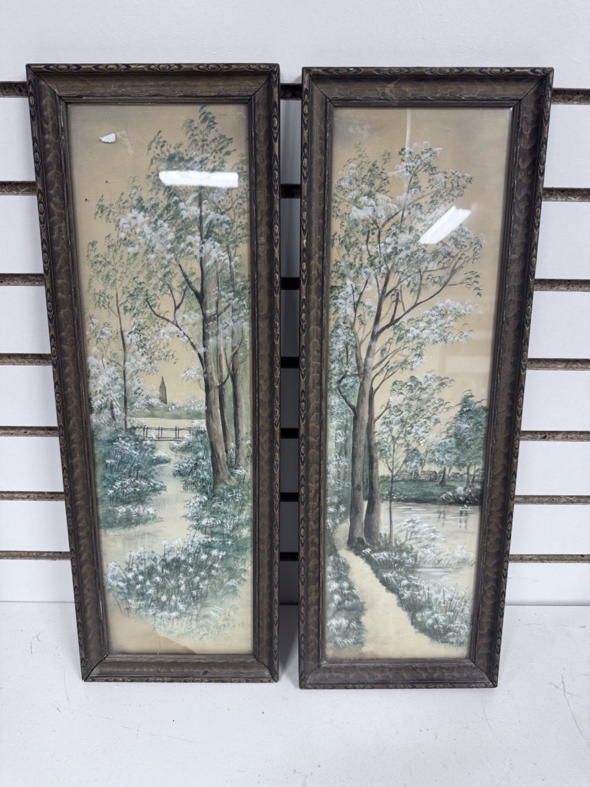 Vintage Lot Of 2 Framed Winter Scene Stream Trees Church Scenes Paintings BH