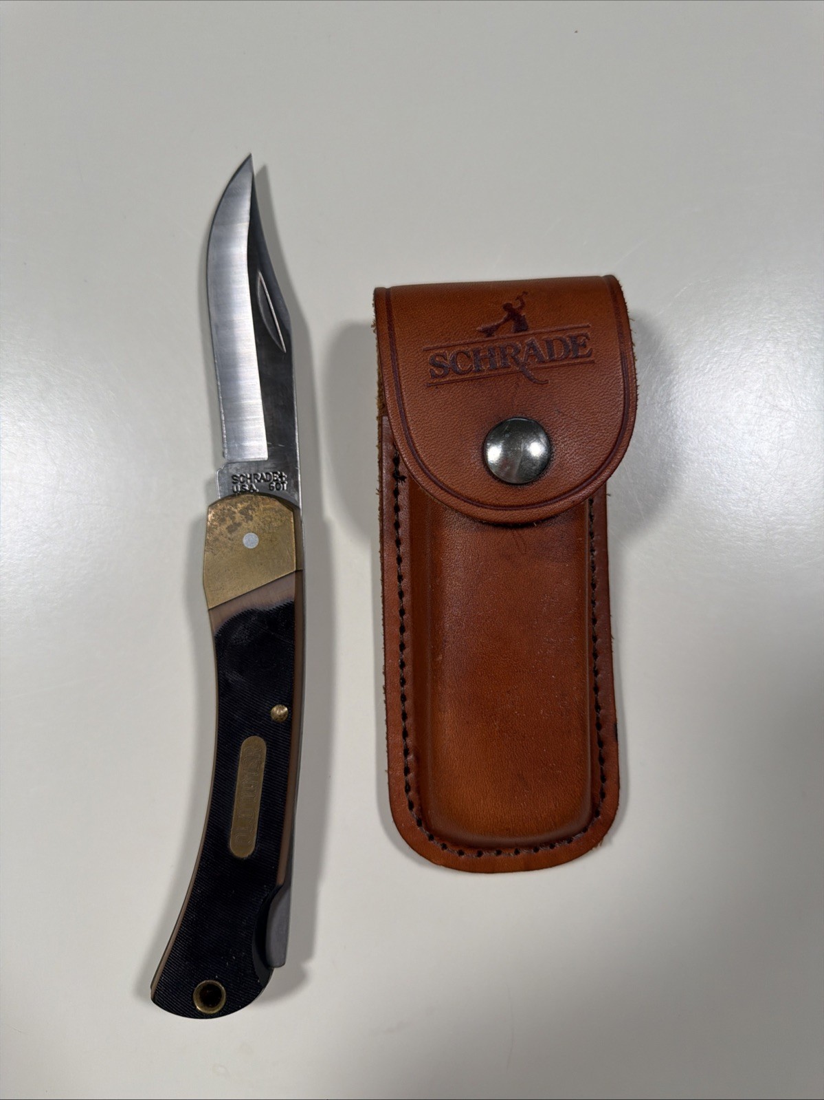 Vintage Schrade Old Timer 60T Folding Knife with Leather Sheath Made In USA