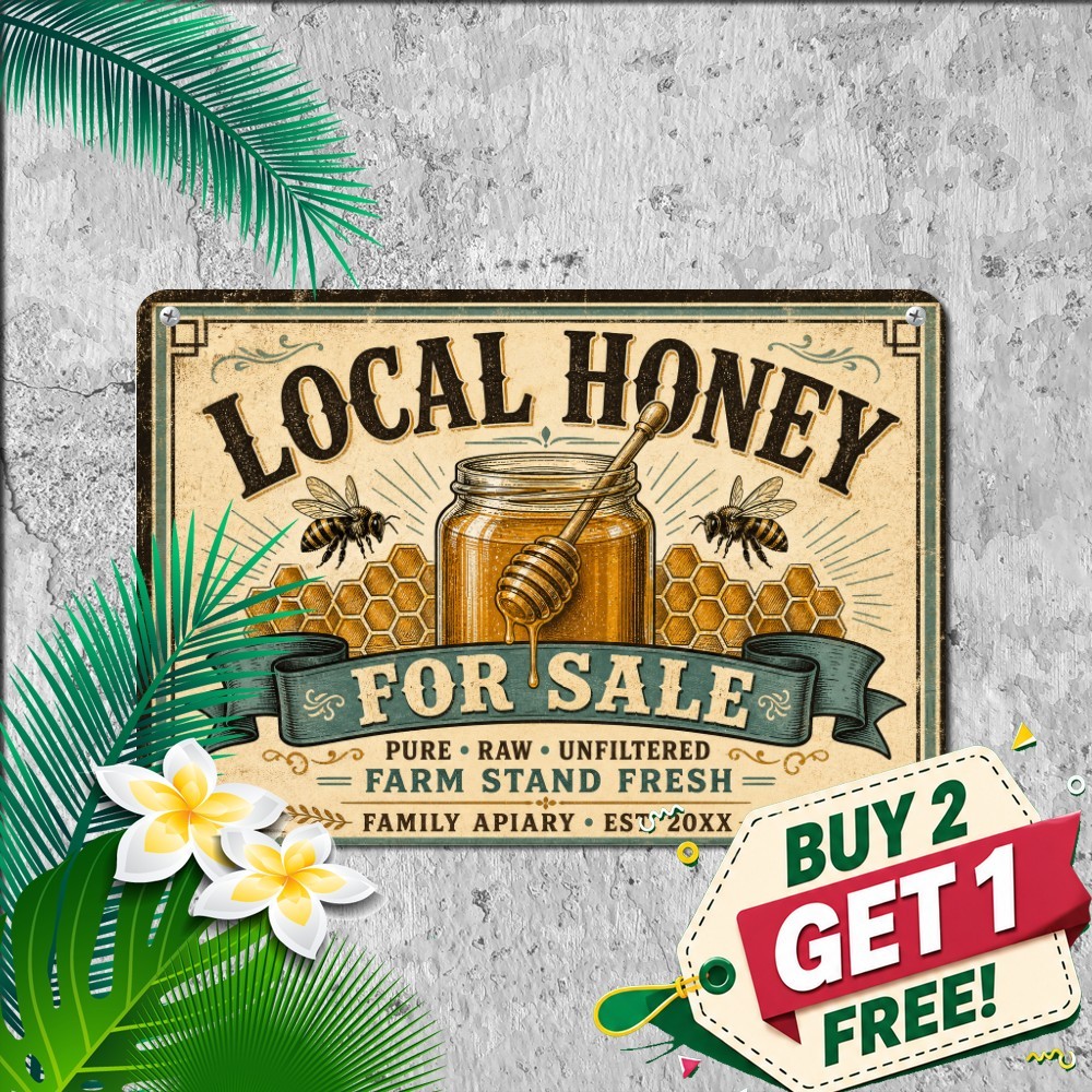 Local Honey Pure Golden Beehive Honeycomb Country Sign Metal Tin Sign 8x12