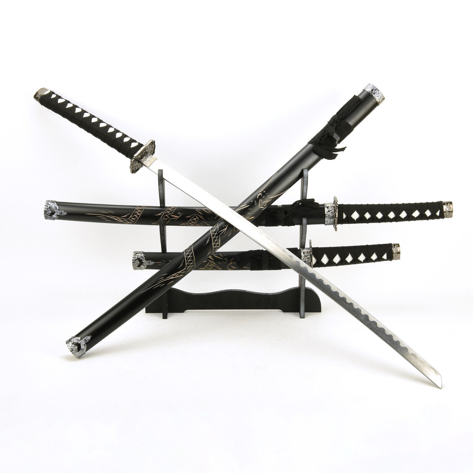 3 Piece Black Dragon Japanese Katana Samurai Swords Set with Display Stand