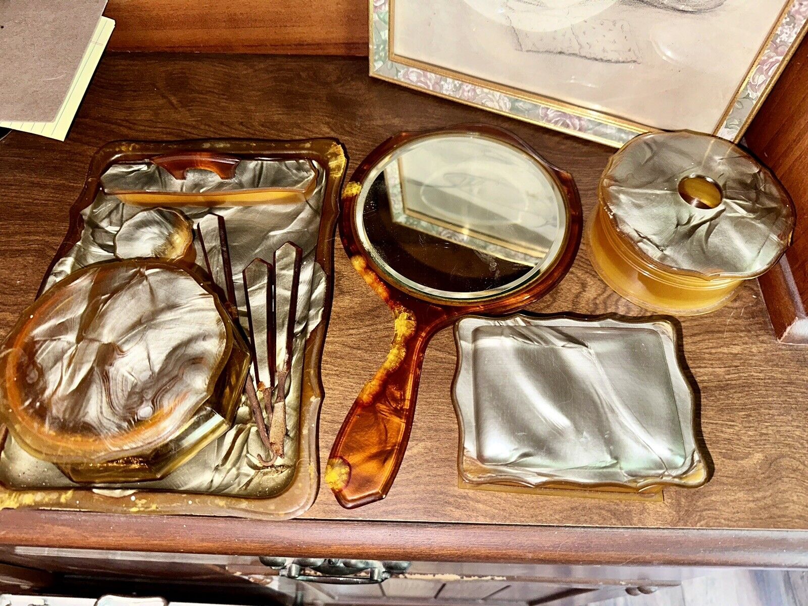 Vintage Vanity VTG orange Glaze Hand Mirror Brush Comb Nail Buffer Soap Trays