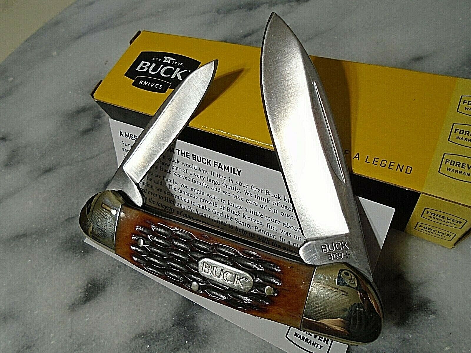 Buck Canoe 389 Folding 2 Blade Pocket Knife Amber Jigged Bone 420J2 3.55