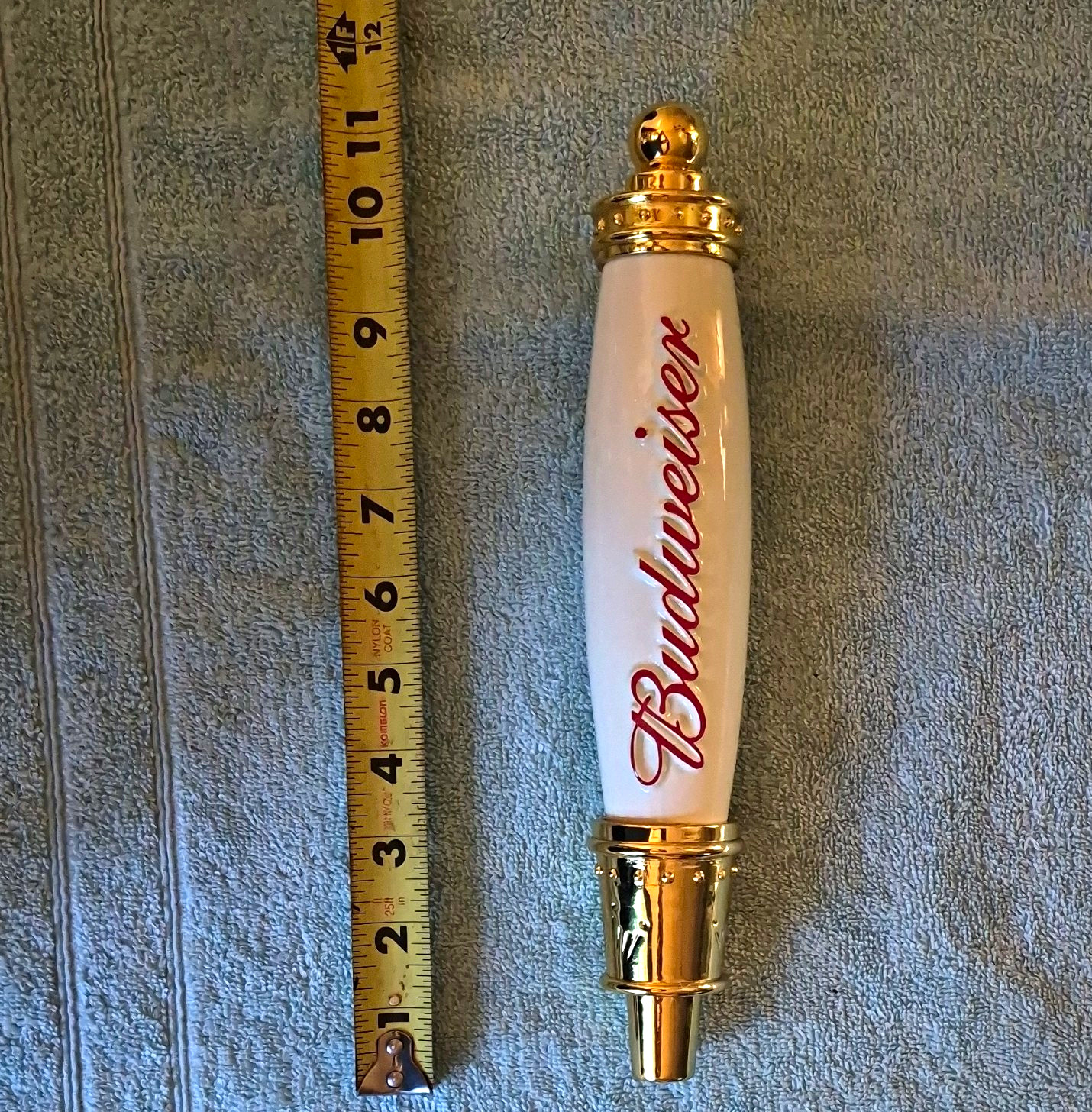 Budweiser Beer Tap Handle Draft Pull Knob White/Gold w/ Red Script Breweriana