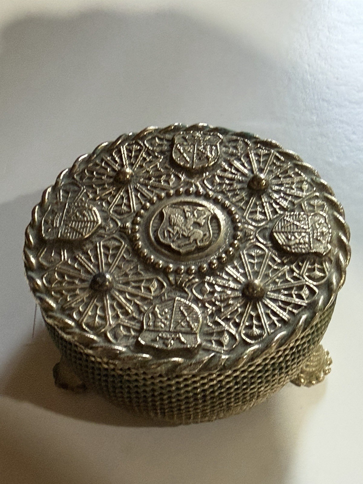 Vintage Portuguese Coat of Arms Brass Pin Cushion Trinket Box Footed Sewing