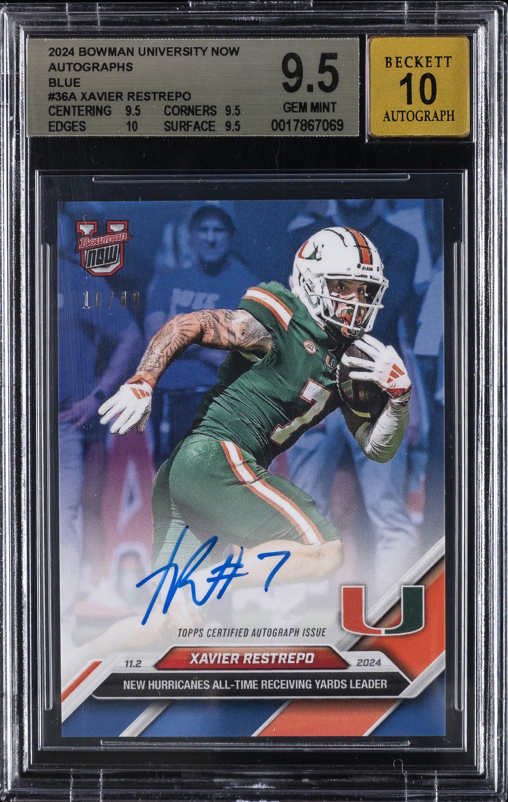 2024 BOWMAN UNIVERSITY NOW BLUE #36A XAVIER RESTREPO /49 BGS 9.5 AUTO 10