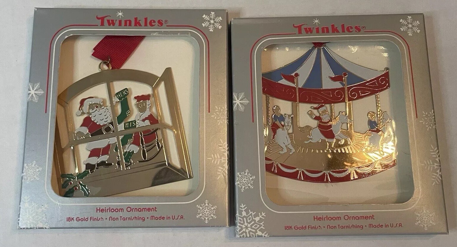 Set Of 2 VTG New Twinkle Heirloom Brass Gold Ornaments 1977 &1993 Christmas