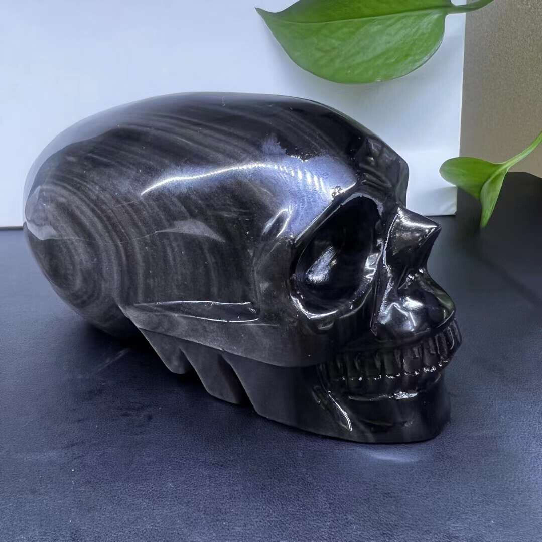 1.46lb Natural Silver Obsidian Quartz Carved Crystal Skull Reiki Gem Decor