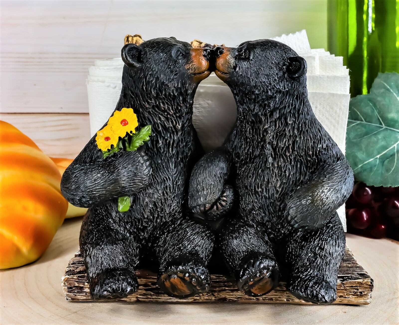 Ebros Romantic Kissing Black Bears Seated By Tree Logs Kitchen Napkin Holder 5\