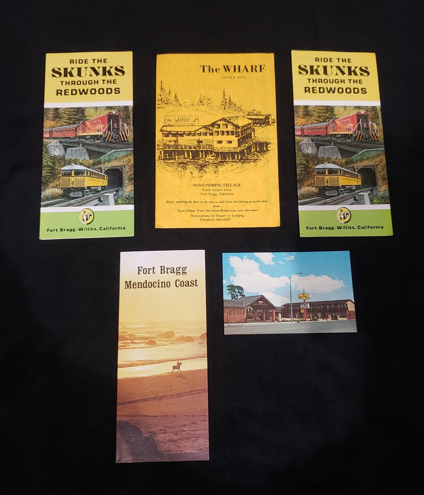 FORT BRAGG: THE WHARF Menu, Postcard, Skunk Line & Mendocino Coast Map Brochures