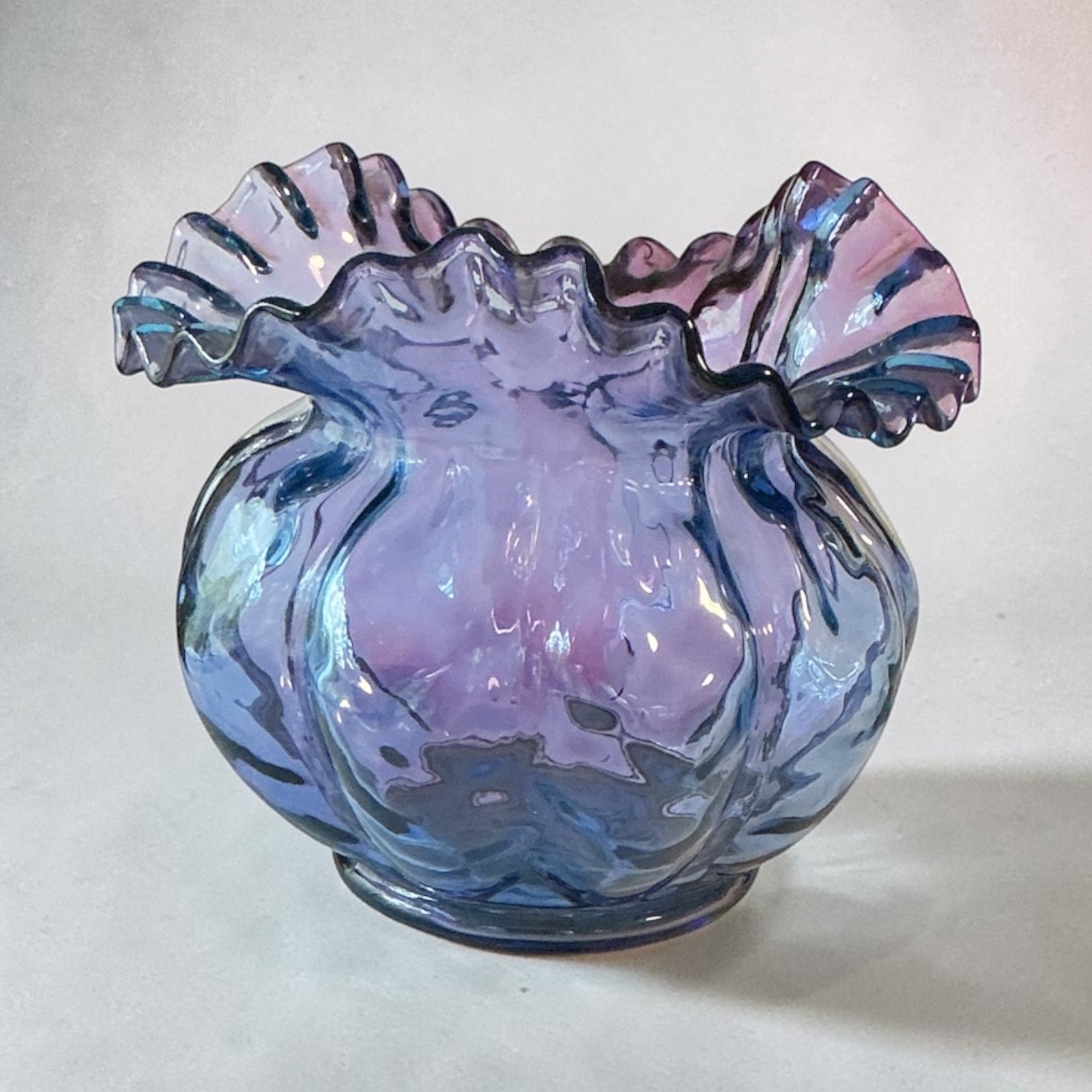 Rare Fenton Mulberry Glass Melon Shaped Ruffled Rim Vase 1942 Optic