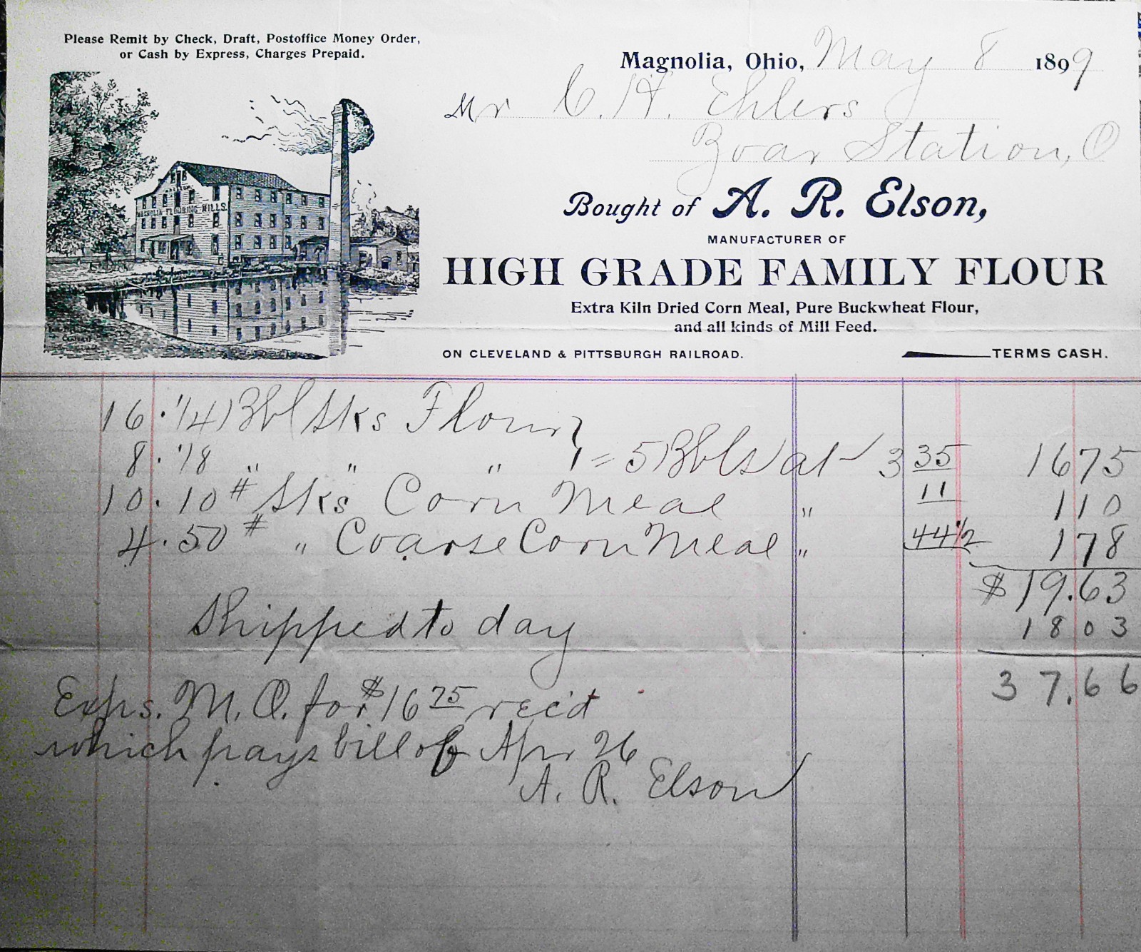 1899 A.R. Elson Magnolia Flouring Mill Receipt to C.H. Ehlers Zoar Station OH