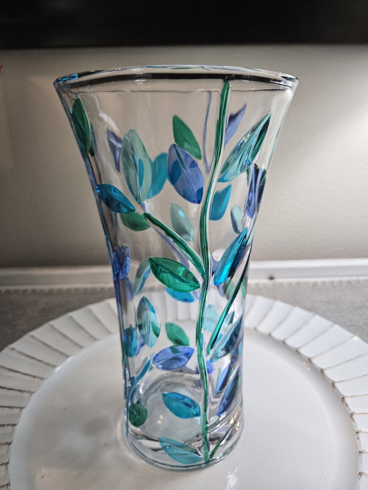 CC Zecchin Laurus Art Glass Vase Blue Green Leaves Italy Murano Style 8.5