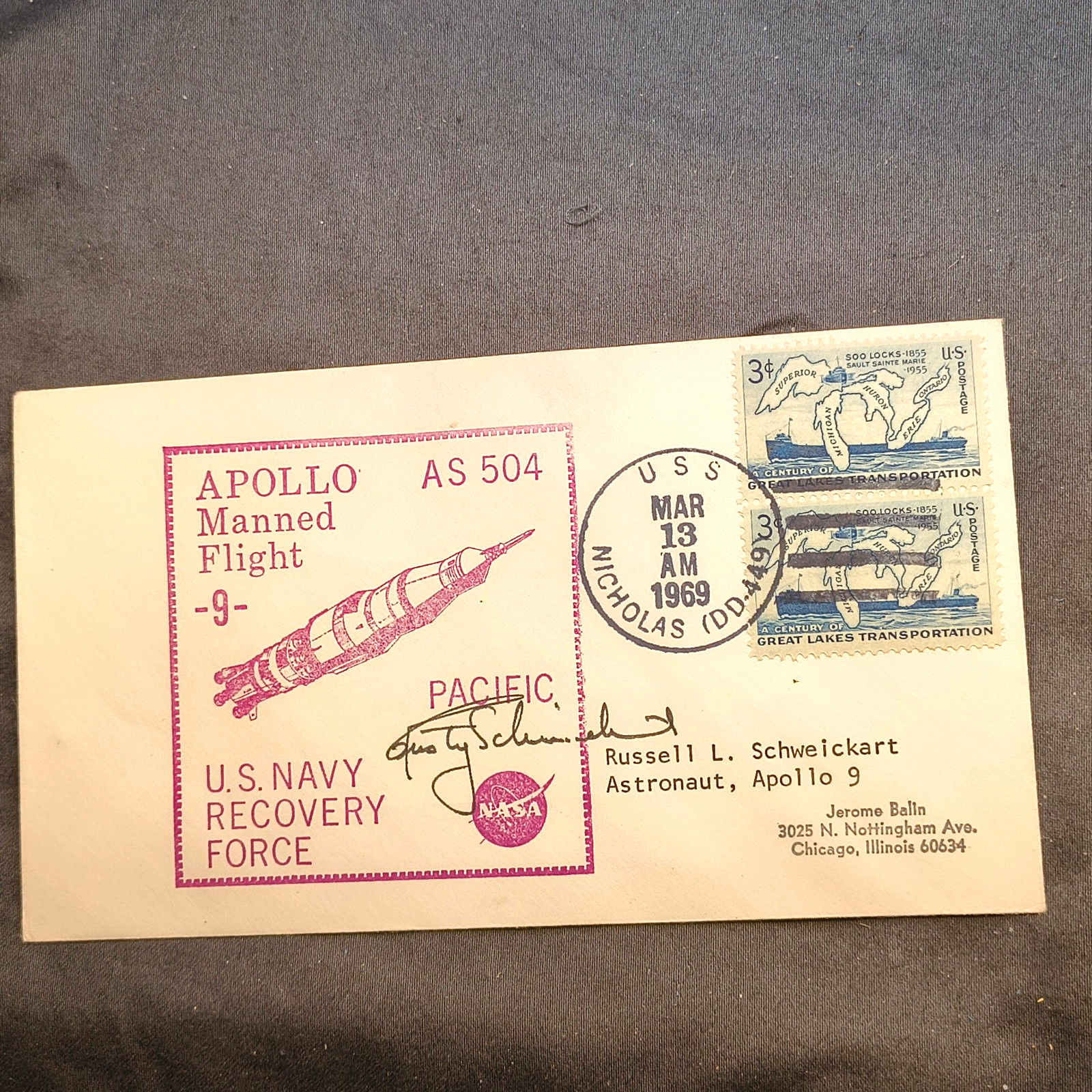 Apollo 9 Splashdown Cover USS Nicholas MAR 13 1969 Signed Rusty Schweickart