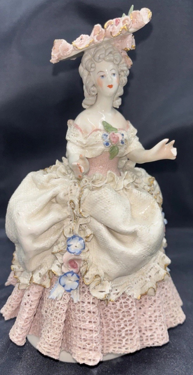 Vintage German Porcelain Lace Lady With Pink Dress, Hat, & Roses Figurine 8.5”