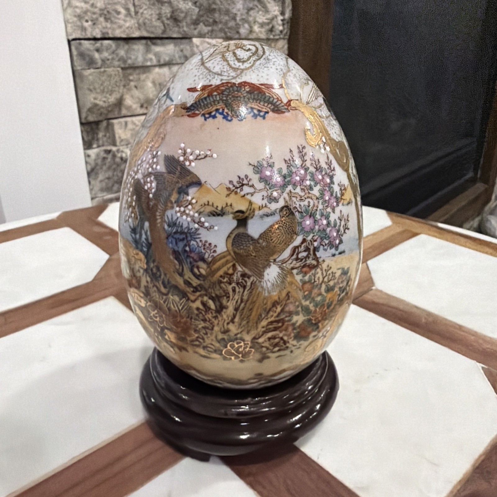 Vintage Japanese Satsuma Style Porcelain Egg Hand-painted With Stand. Vintage Japanese Satsuma Style Porcelain Egg Hand-painted With Stand.