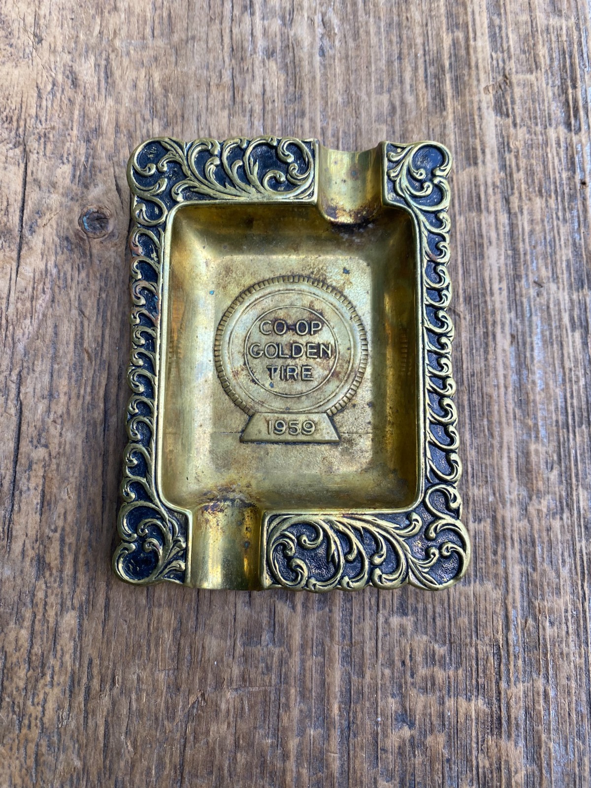 Vintage 1959 CO-OP Golden Tire Brass Automotive Tire Advertising Ashtray