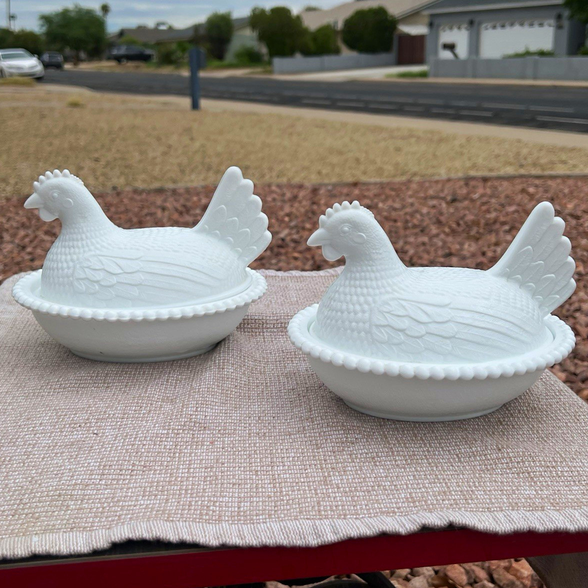 Pair of Vintage Indiana Glass White Milk Glass Hen on Nest Covered Dishes (7”)