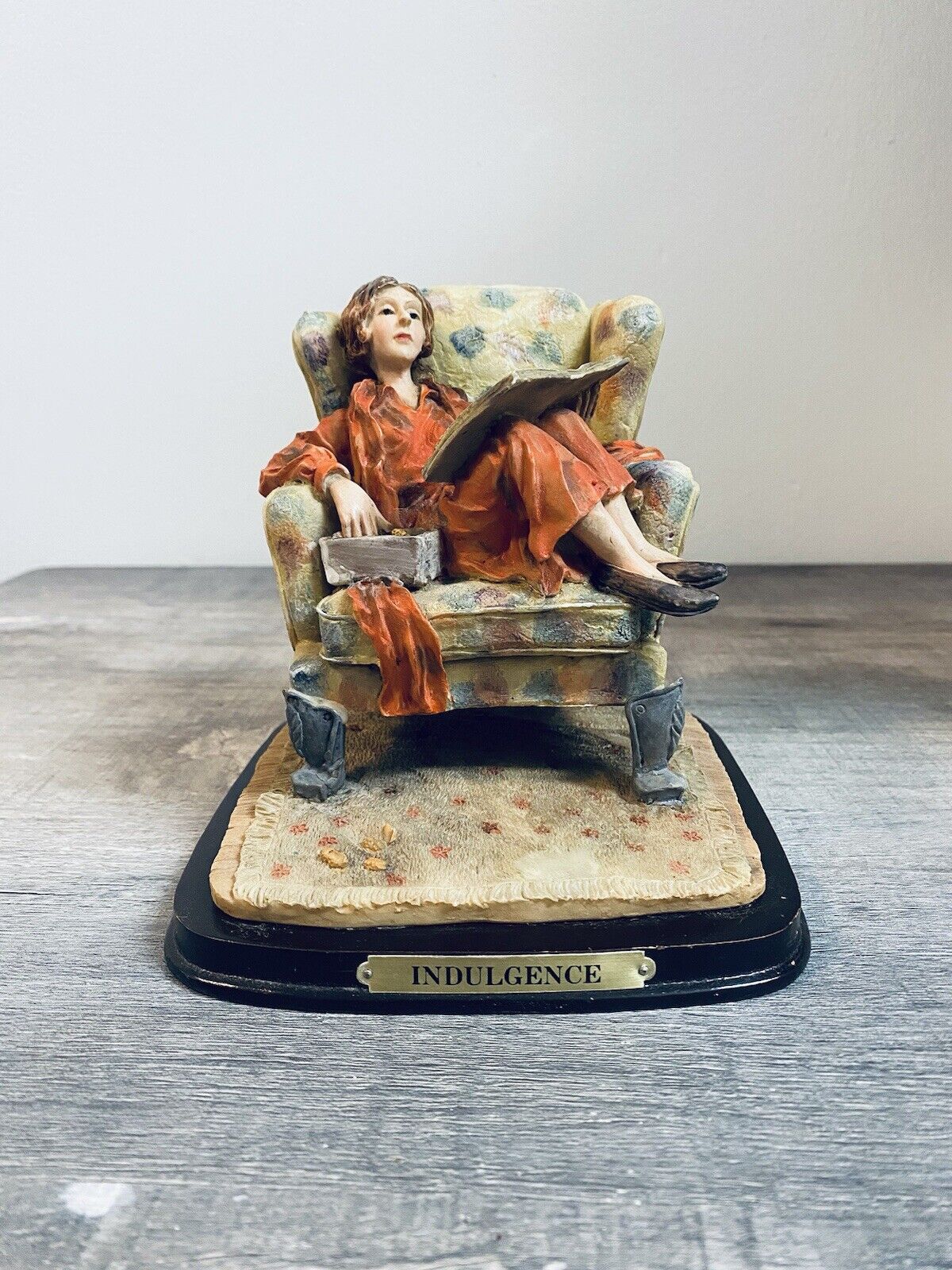 Vintage “Indulgence” Resin Figurine Sitting Woman Reading Eating Chocolates