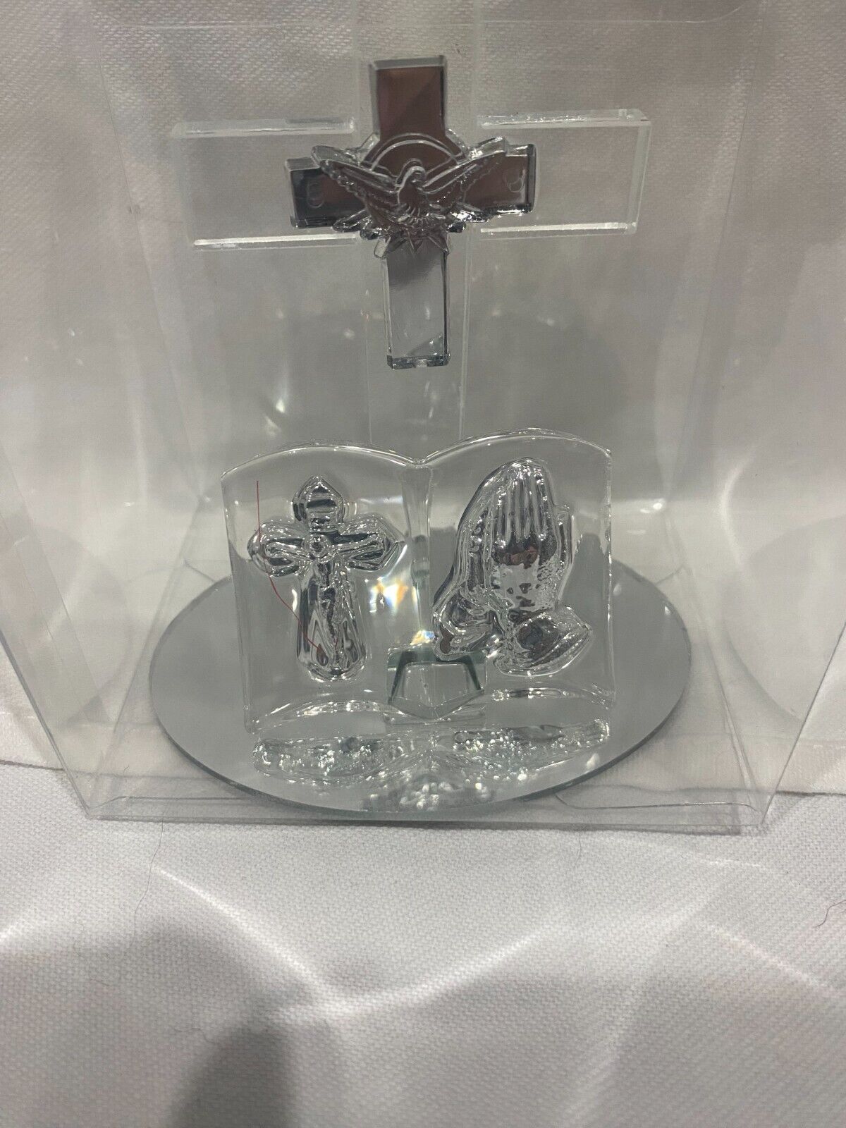 Small Glass Christian Figurine with Cross, Bible and Prayer hand sz 3\