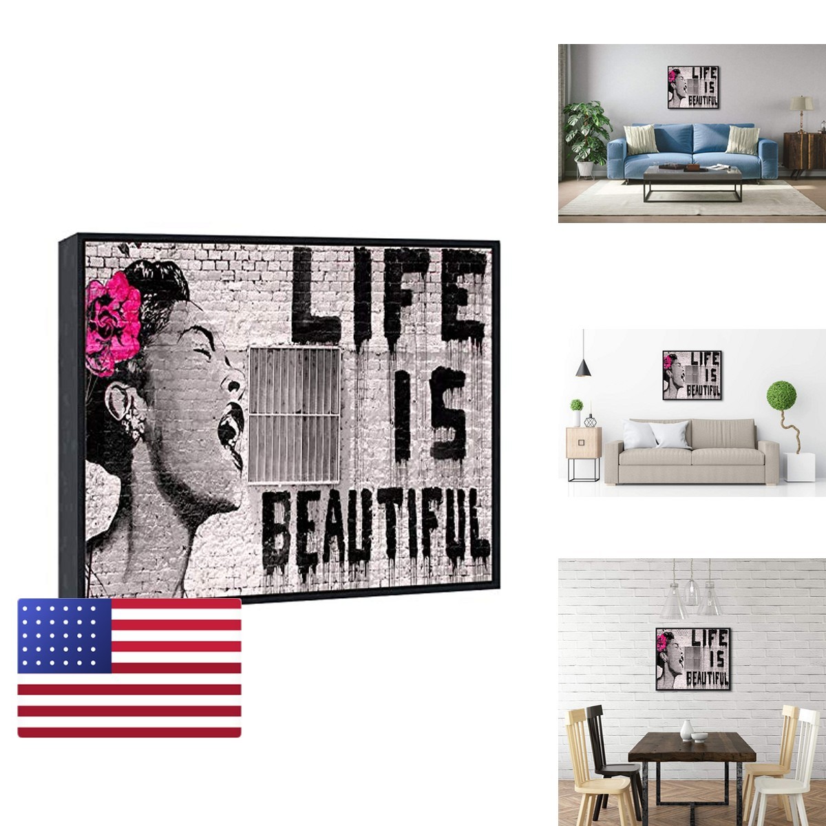 Wieco Art Banksy Life is Beautiful Canvas Print Black Frame BANKSY-2-5060-BF