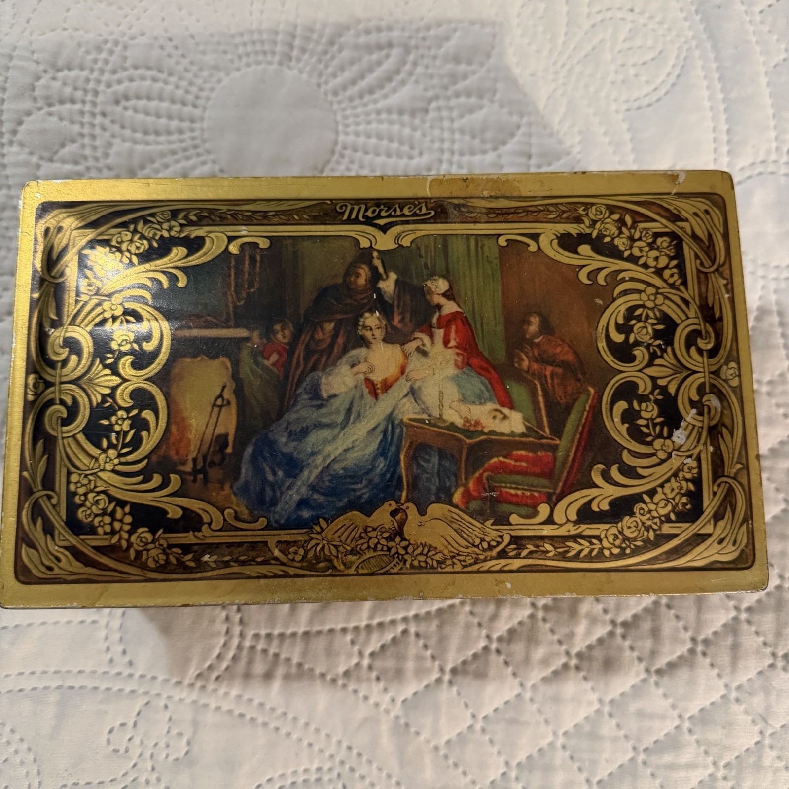 Vintage A.G. Morse Co. Graphic Candy Tin - Chicago- Gold & Blue Victorian Style