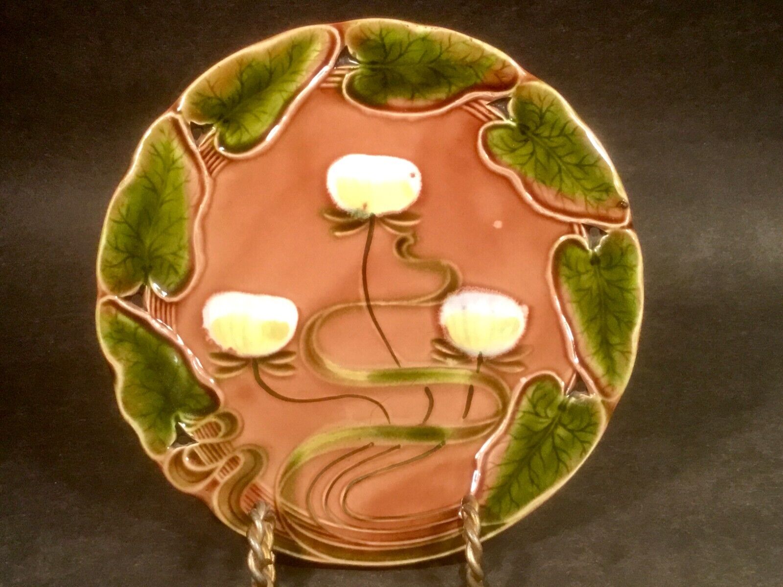 Antique Art Nouveau Majolica Lily Plate c1891-1912