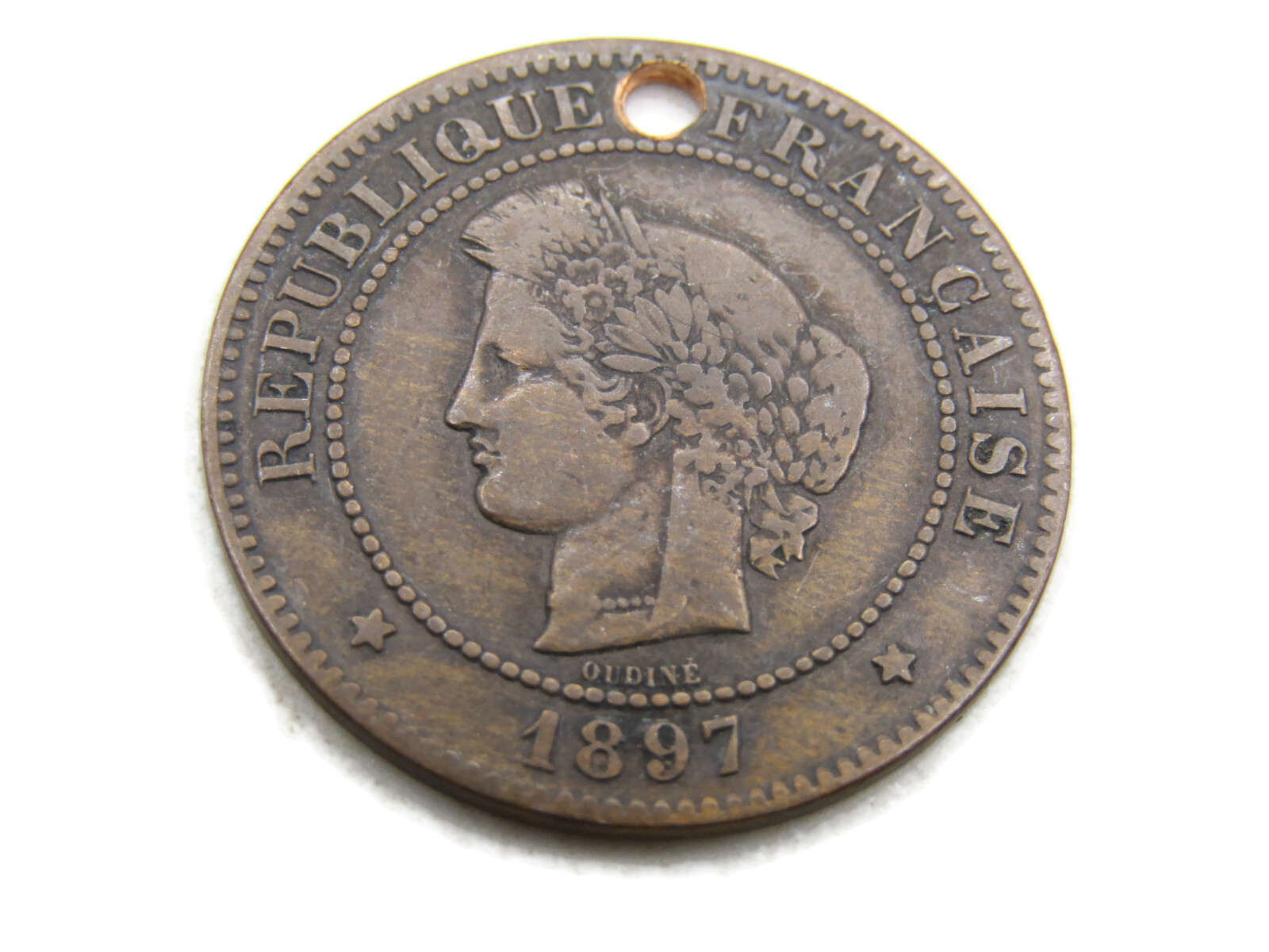 1897 France 5 Centimes Bronze Coin French Republic Cérès Head Holed for Pendant