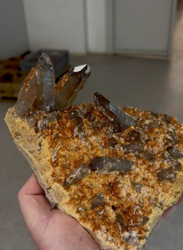 Very Impressive and Colorful Orange Spessartine Garnet with Smoky Quartz – Large