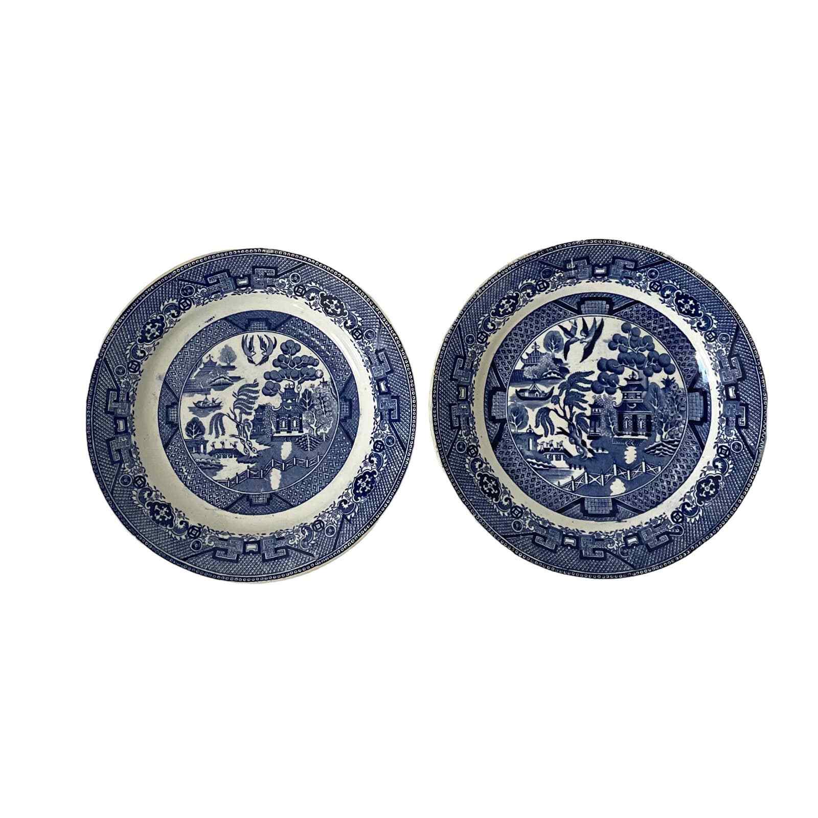Antique Petrus Regout Maastricht Holland blue Willow dinner plates. Set of 2