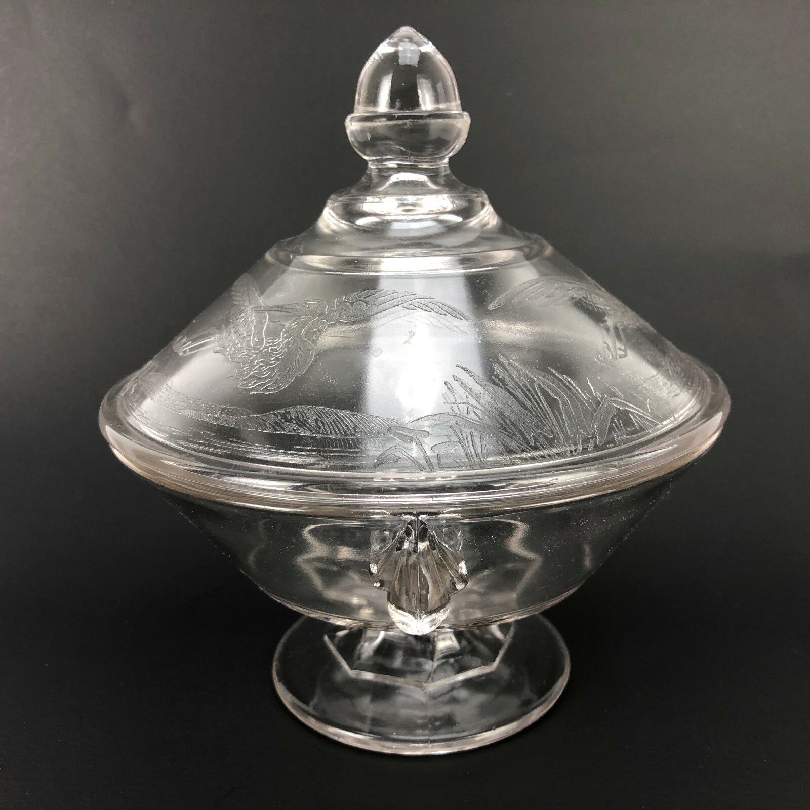 Antique EAPG Glass Butter Dish Stork Crane On Pond Covered Acorn Final Covered