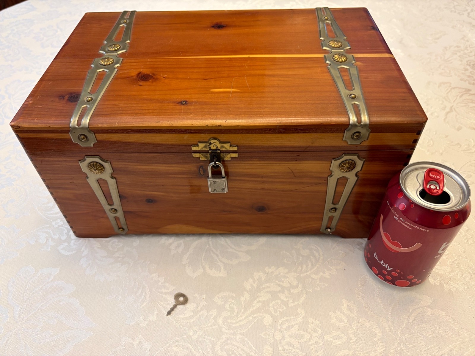 Large Vintage Cedar Chest Treasure Box Side Handles Lock & Key Very Clean Inside
