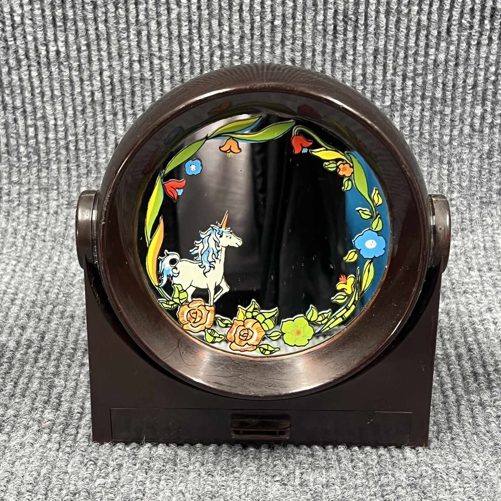 VTG 70’s Yaps Brown Lucite Mirror Unicorn Floral Music Box Small Drawer RARE