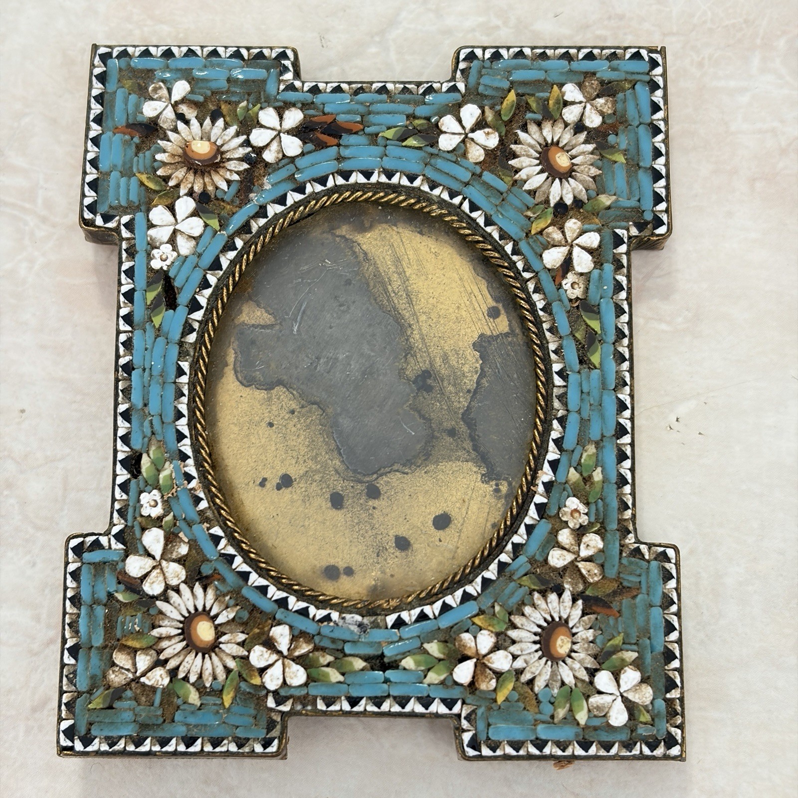 Vintage Micro Mosaic Small 3” Picture Frame Display Floral Teal Turquoise Blue
