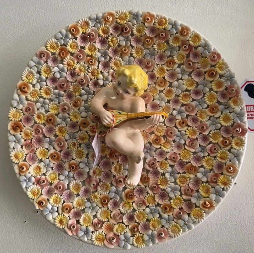 Vintage Italian Ardalt Dresden Large Plate Cheryb Mandolin Flowers Wall Hanging